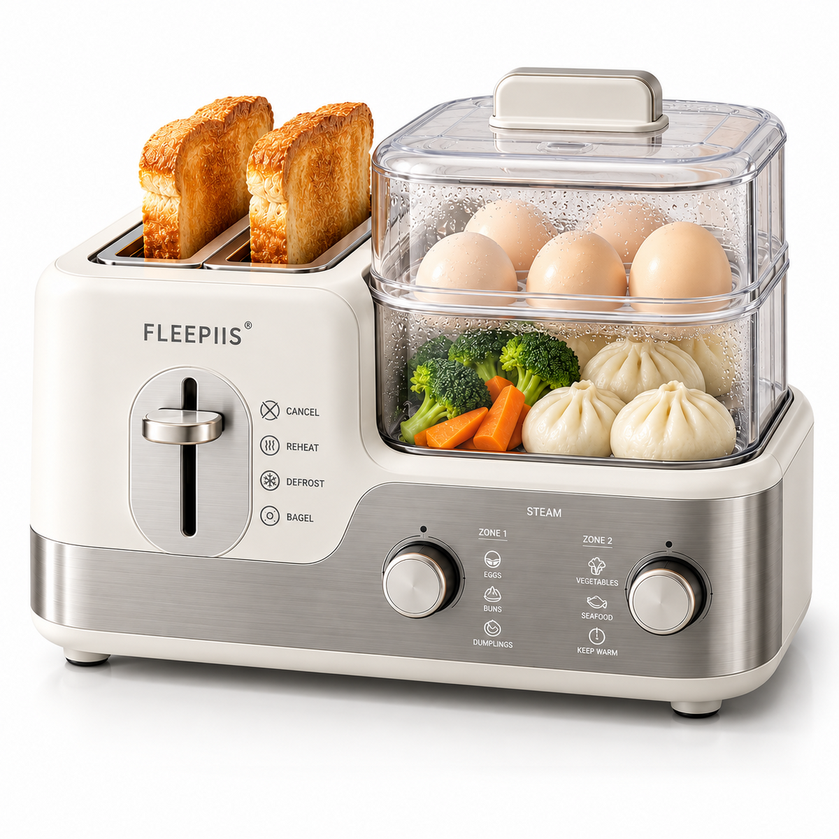 FLEEPIIS® 2-in-1 Toast & Steam Breakfast Station – Dual-Slot Toaster with 2-Tier Food Steamer, Reheat, Defrost & Bagel Modes