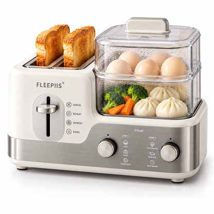 FLEEPIIS® 2-in-1 Toast & Steam Breakfast Station – Dual-Slot Toaster with 2-Tier Food Steamer, Reheat, Defrost & Bagel Modes
