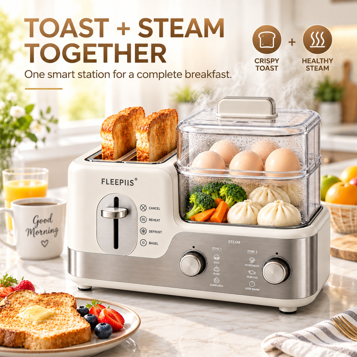 FLEEPIIS® 2-in-1 Toast & Steam Breakfast Station – Dual-Slot Toaster with 2-Tier Food Steamer, Reheat, Defrost & Bagel Modes