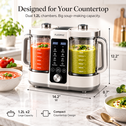 FLEEPIIS® SoupDuo 2.4L Dual-Chamber Soup Maker with Independent Controls