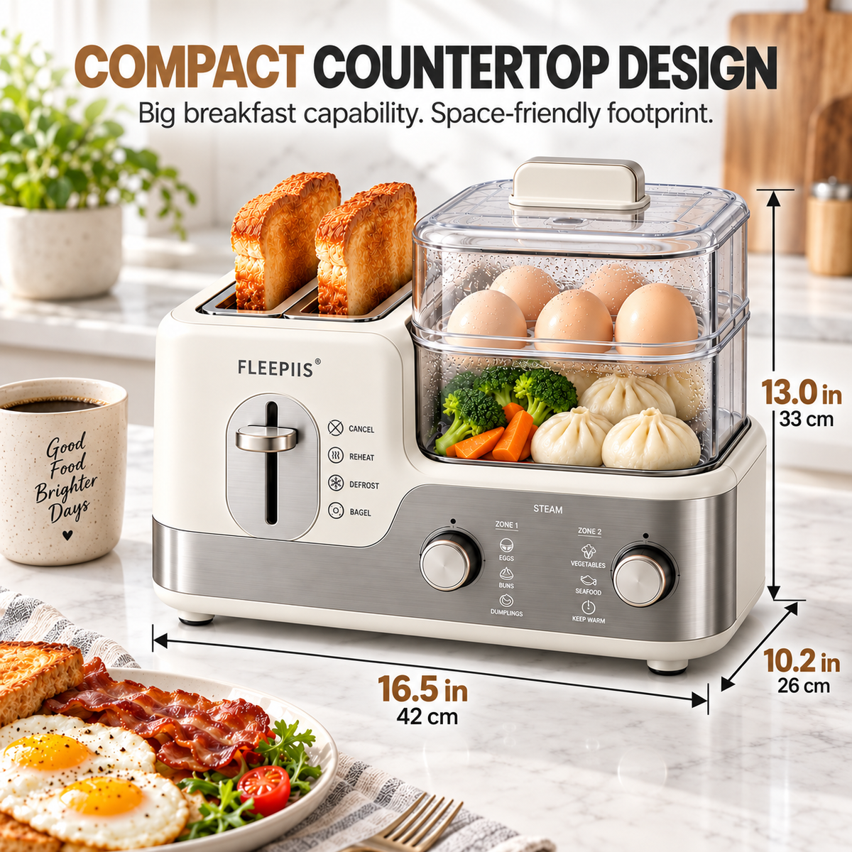 FLEEPIIS® 2-in-1 Toast & Steam Breakfast Station – Dual-Slot Toaster with 2-Tier Food Steamer, Reheat, Defrost & Bagel Modes