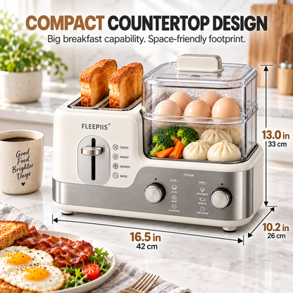 FLEEPIIS® 2-in-1 Toast & Steam Breakfast Station – Dual-Slot Toaster with 2-Tier Food Steamer, Reheat, Defrost & Bagel Modes
