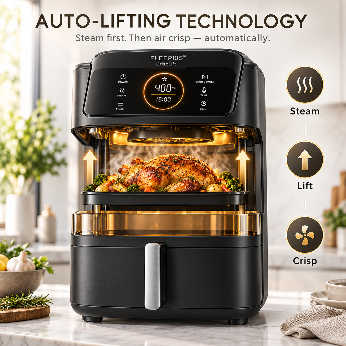 FLEEPIIS® CrispLift Steam Air Fryer with Auto-Lifting Technology