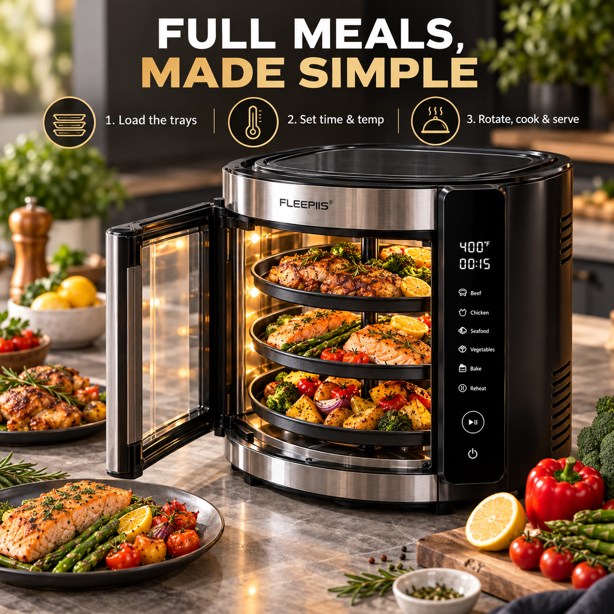 FLEEPIIS® RoastOrbit 360° Rotating Multi-Tray Air Fryer Oven