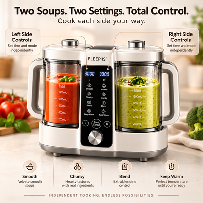 FLEEPIIS® SoupDuo 2.4L Dual-Chamber Soup Maker with Independent Controls