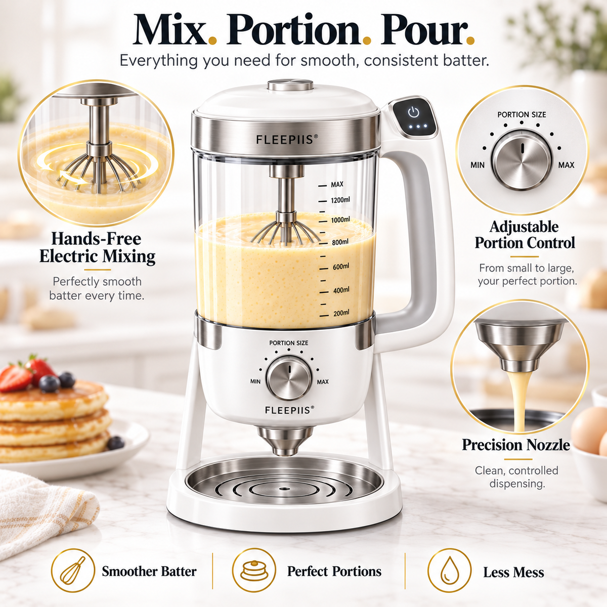 FLEEPIIS® BatterFlow 1200mL Automatic Batter Mixer & Portion Dispenser