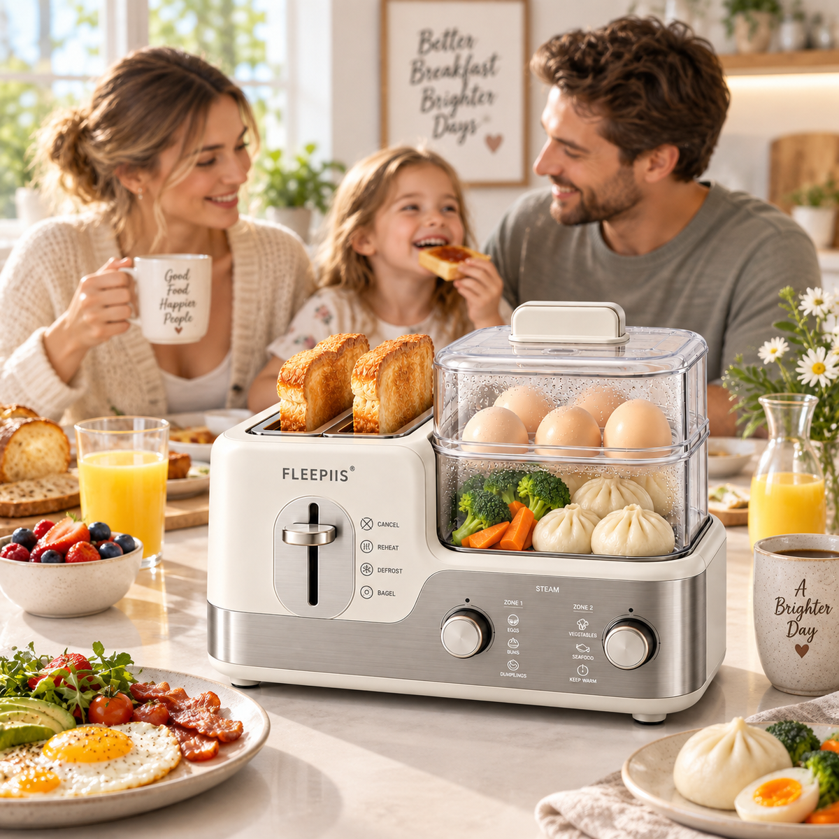 FLEEPIIS® 2-in-1 Toast & Steam Breakfast Station – Dual-Slot Toaster with 2-Tier Food Steamer, Reheat, Defrost & Bagel Modes