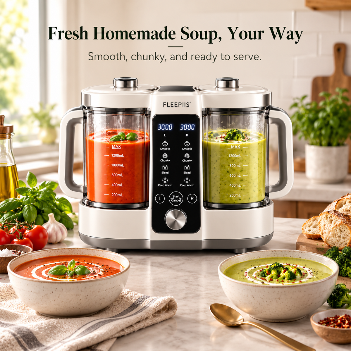 FLEEPIIS® SoupDuo 2.4L Dual-Chamber Soup Maker with Independent Controls