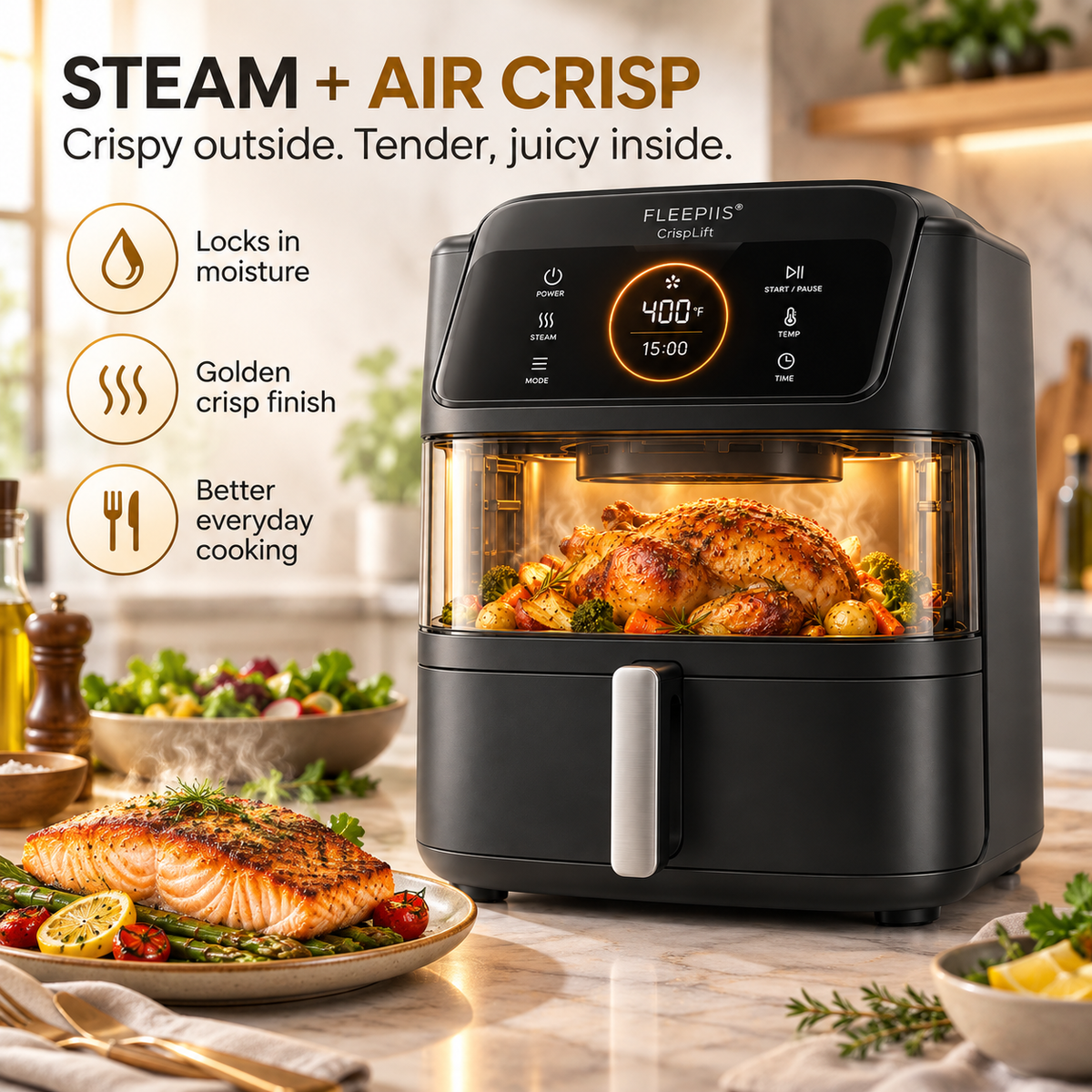 FLEEPIIS® CrispLift Steam Air Fryer with Auto-Lifting Technology