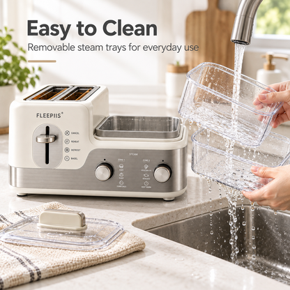 FLEEPIIS® 2-in-1 Toast & Steam Breakfast Station – Dual-Slot Toaster with 2-Tier Food Steamer, Reheat, Defrost & Bagel Modes