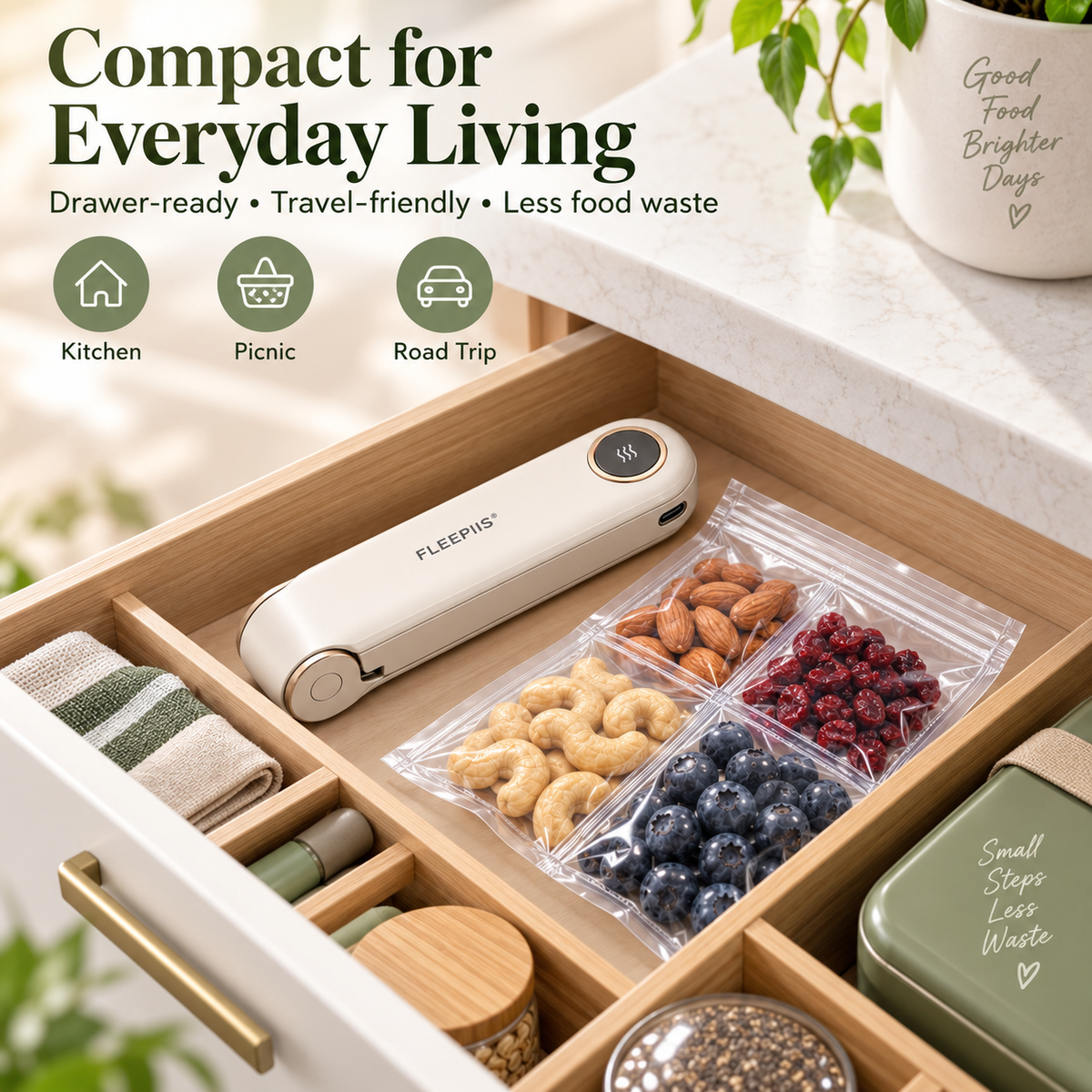 FLEEPIIS® FreshFold Foldaway Rechargeable Food Bag Heat Sealer