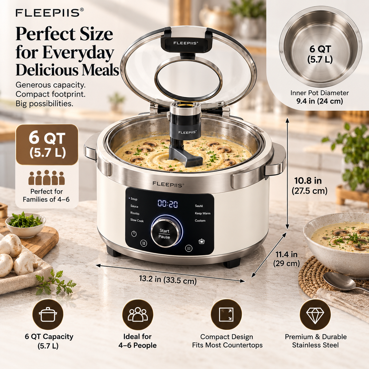 FLEEPIIS® StirHalo 6QT Automatic Stirring Multi-Cooker